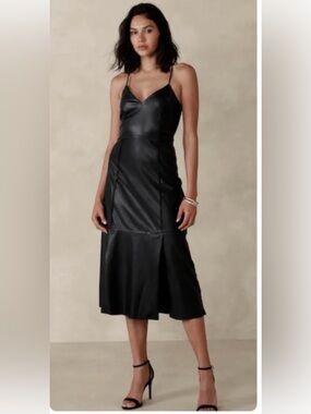 Banana Republic Faux Leather Black Slip Dress 12